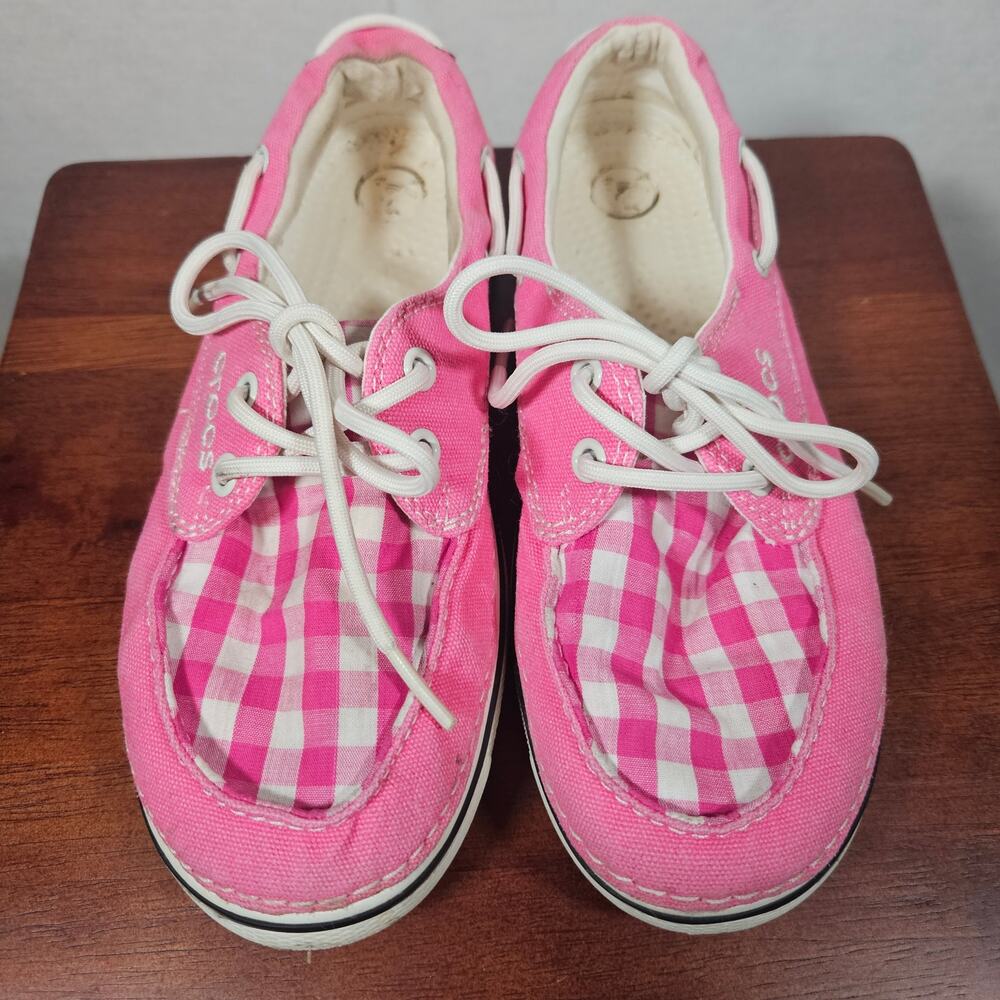 CROCS Women's Pink and White Check Boat Shoes